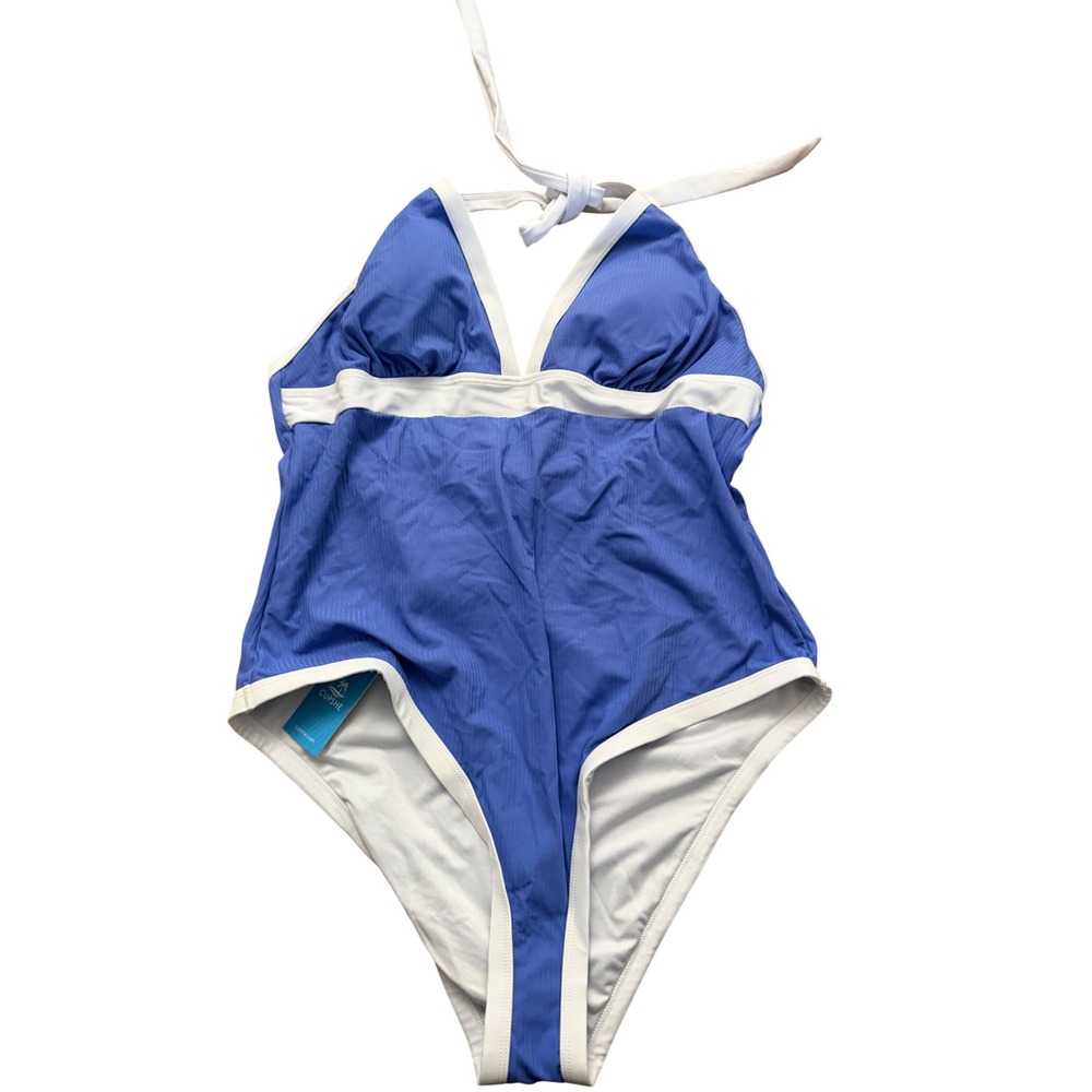Cupshe Womens XL Blue Ribbed One Piece Halter Swimsuit White Trim‎ NWT